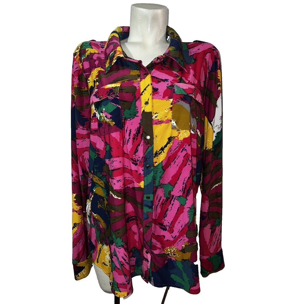 BCBGMAXAZRIA Womens Abstract Brushstroke Button Down Shirt Pink‎ Yellow Size 3X